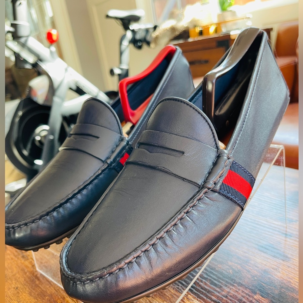 GUCCI Men's Black Leather Driver Loafer with Web Detail UK 8 -  US 8.5 407411